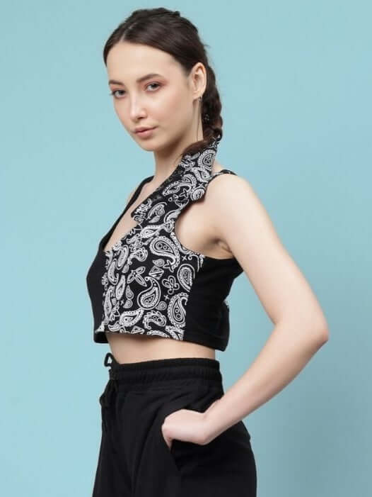 Model wearing Women's Ziya Crop-Top in Black, featuring premium heavy gauge fabric and a stylish paisley design, crafted from 100% cotton.