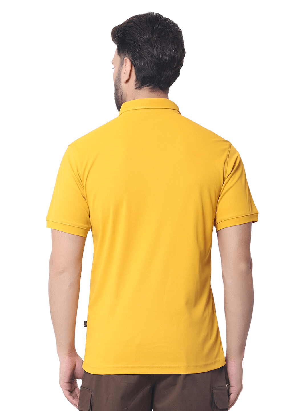 Back view of a male model wearing a yellow polo neck t-shirt with half sleeves, showing sporty pique fabric, perfect for all-day wear.