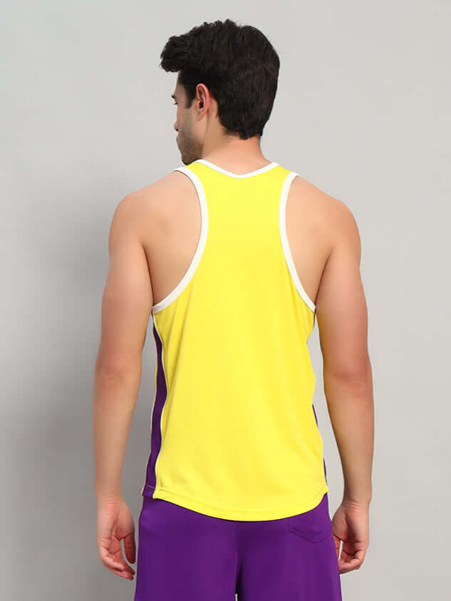 Back view of Zenith Gym T-Shirt in yellow color, ideal for custom fit options, displayed by male model, highlighting athletic design.