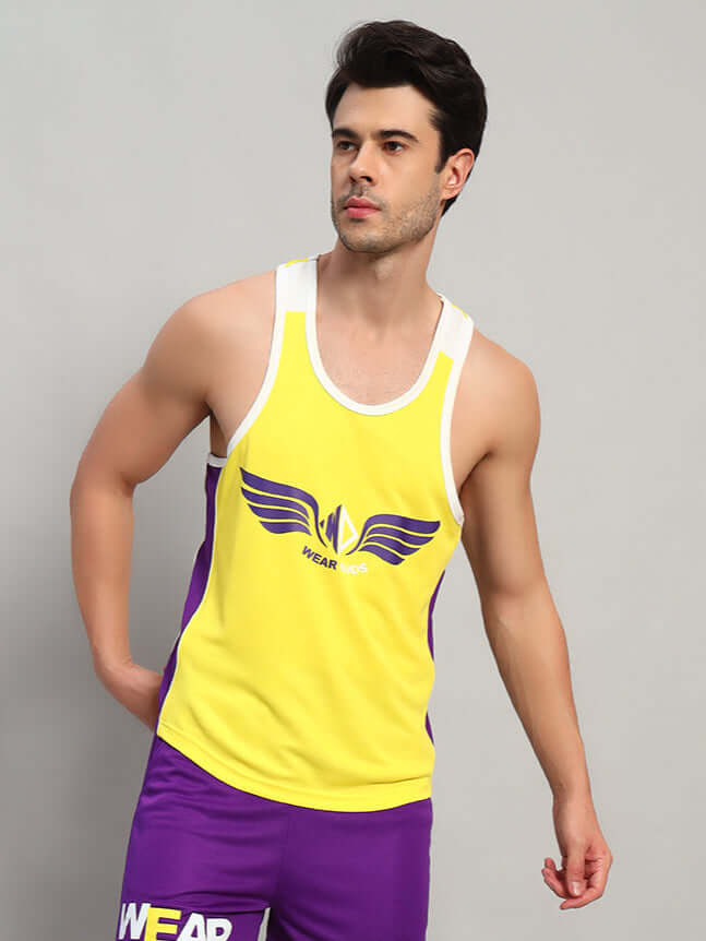Man wearing a yellow Zenith Gym T-shirt, showcasing its sporty design perfect for workouts. Custom fit option available for personalized sizing.