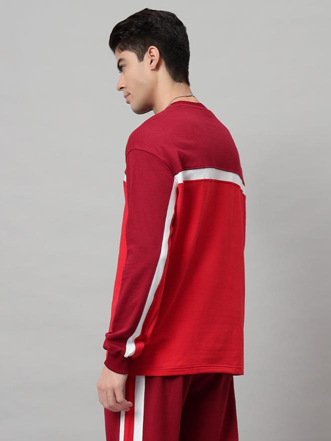 ZEST oversized red sweatshirt with white stripes, side view, made from premium cotton French Terry Lycra, India origin.