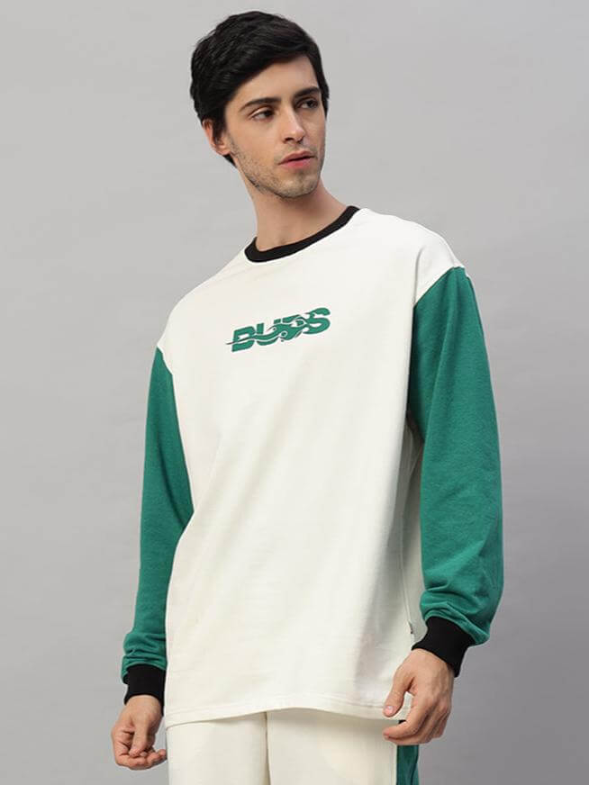 ZINGY oversized sweatshirt in off white and teal with premium cotton French terry fabric, worn by model, showcasing stylish design.