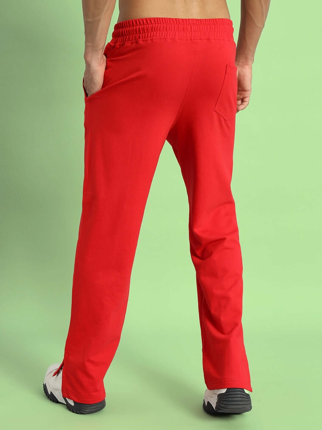 Back view of red ZION SIDE SLIT JOGGERS showcasing comfortable fit and design by DUDS, tailored for custom fit options.