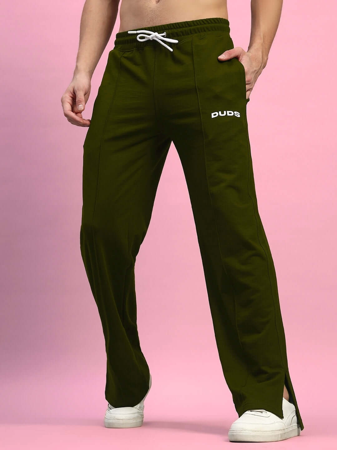Alt Tag: Olive green side slit joggers by DUDS, featuring a comfortable elastic waistband and customizable fit options for a personalized style.