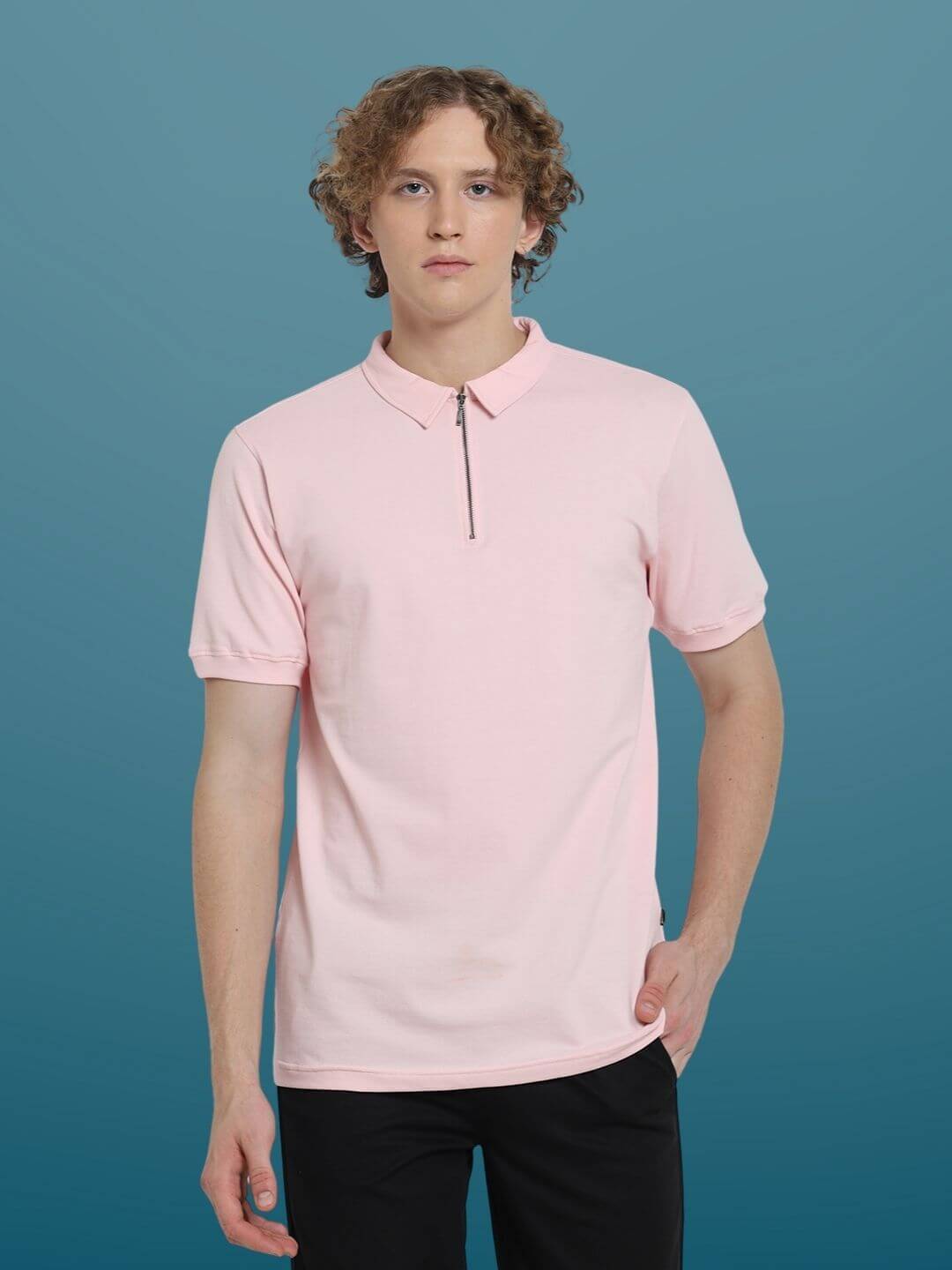 Blush pink zipper polo neck t-shirt with half sleeves, shown on model, highlighting slim fit, 4 way stretch, and comfort features.
