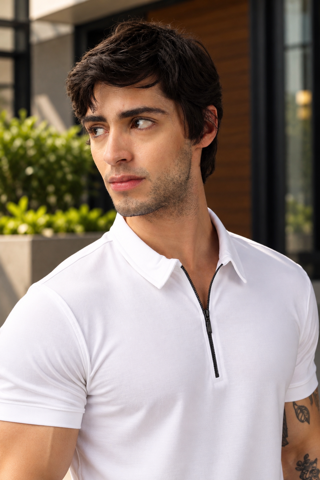 ZIPPER POLO NECK COTTON T-SHIRT WHITE