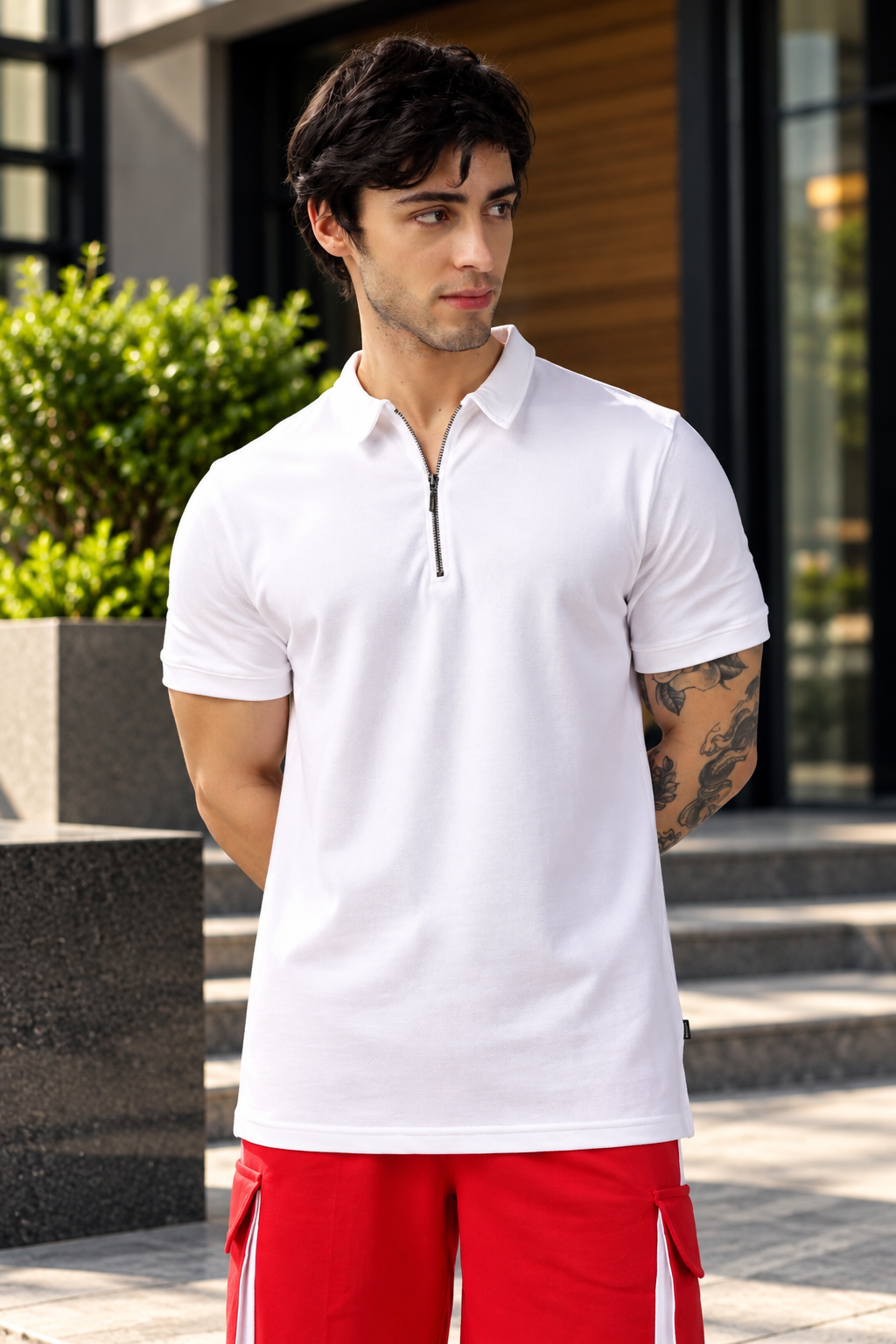 ZIPPER POLO NECK COTTON T-SHIRT WHITE