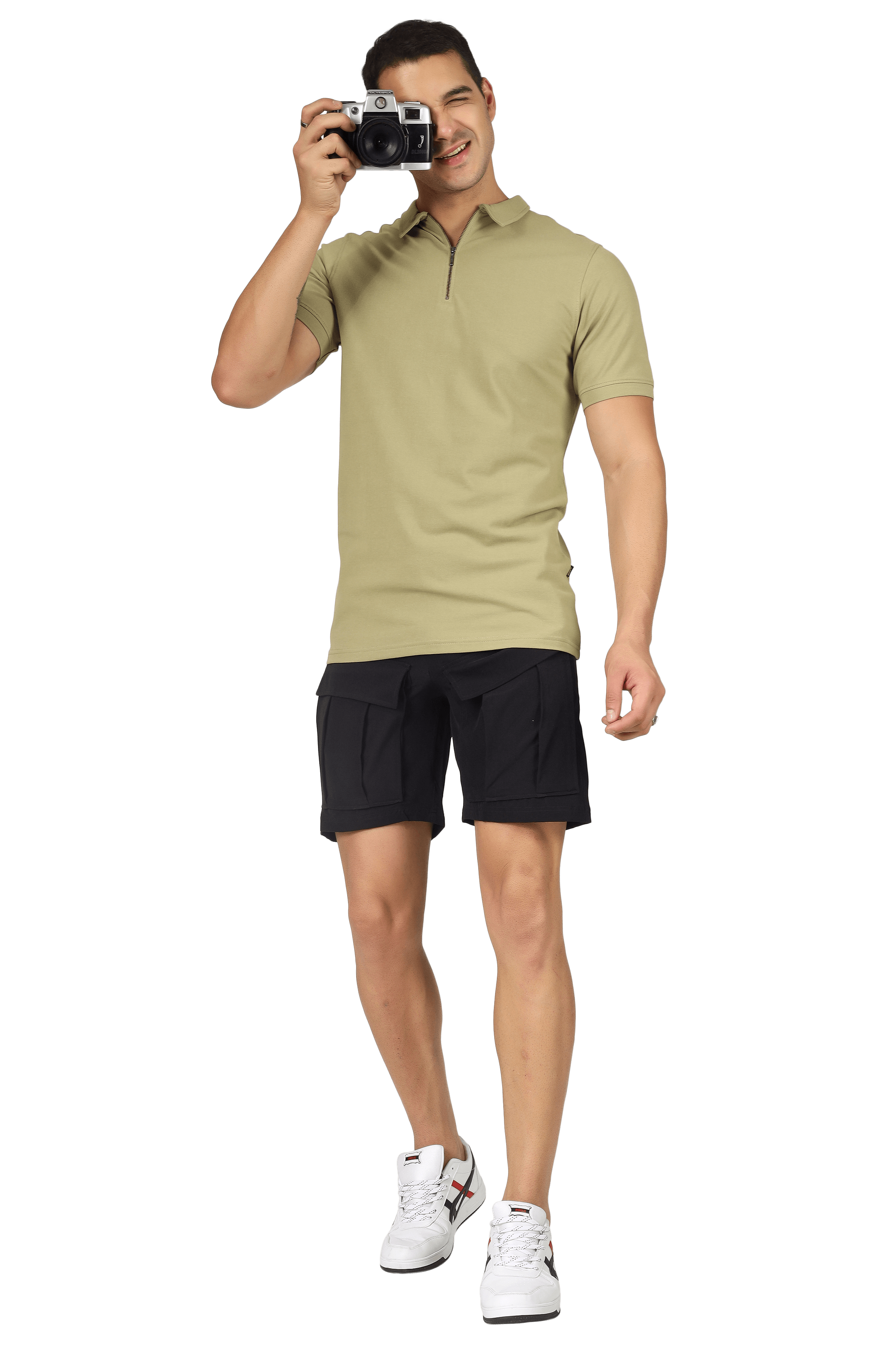 Man wearing gravel green zipper polo neck T-shirt with camera