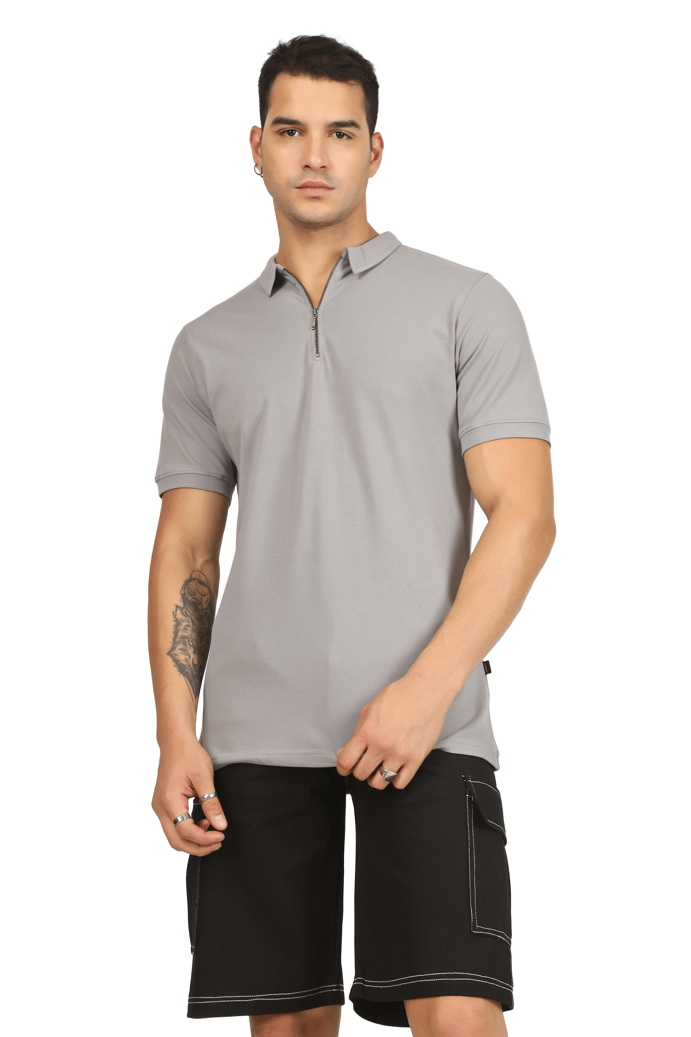 Model wearing grained grey zipper polo neck t-shirt with half sleeves, 4-way stretch, and slim fit, showcasing comfortable all-day wear.