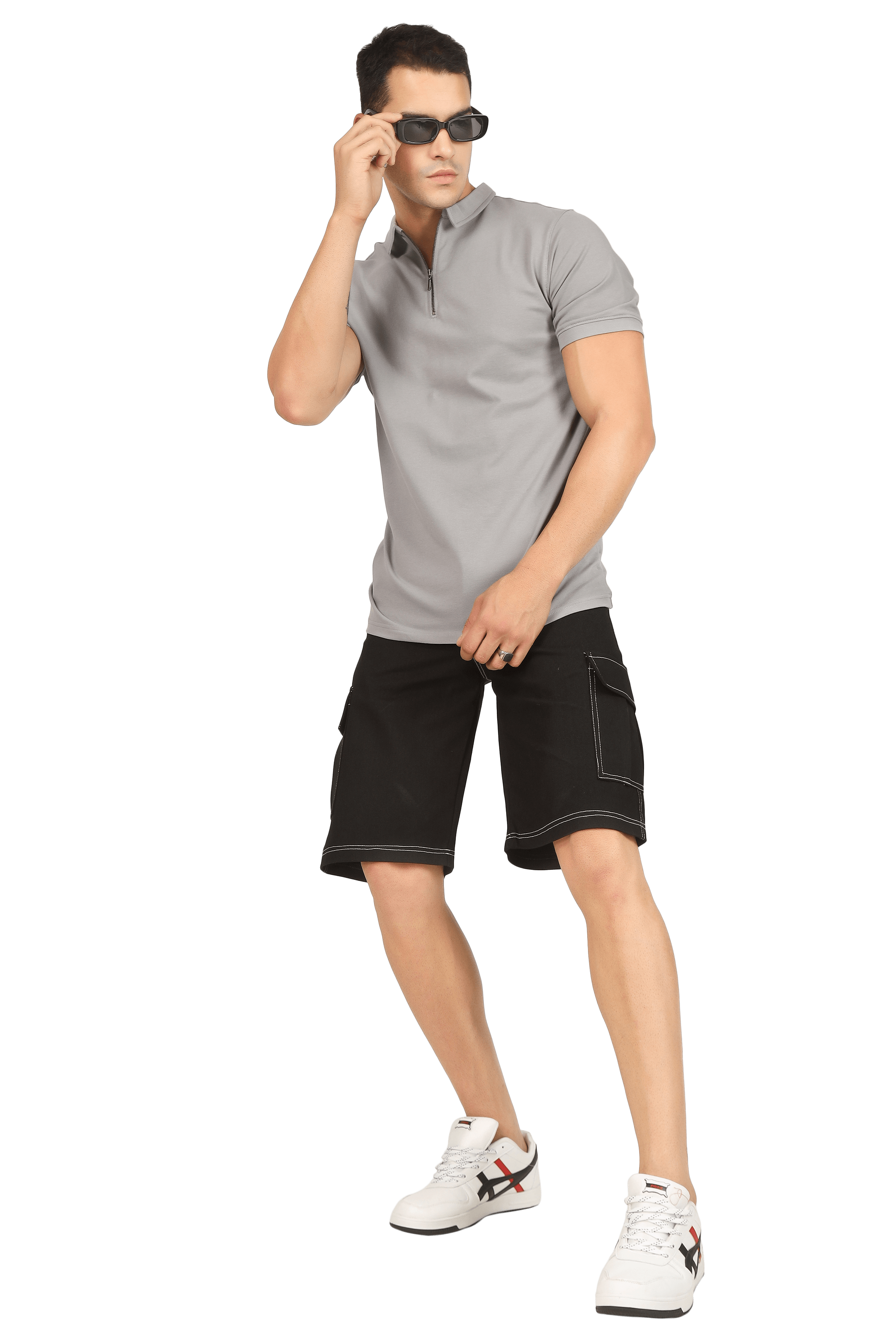 Man wearing a grained grey zipper polo neck t-shirt, half sleeves, slim fit, paired with black shorts and sneakers.
