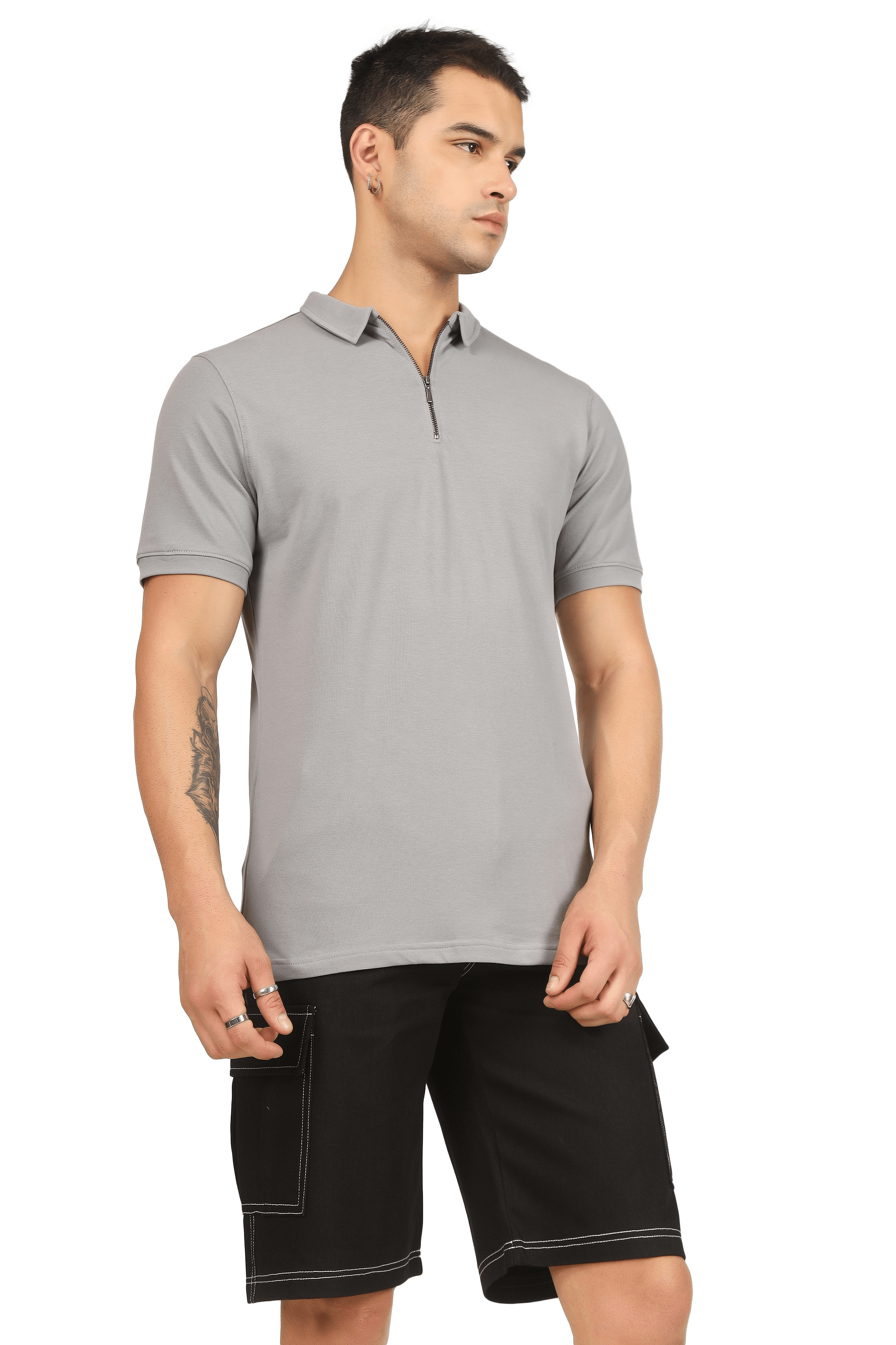 Model wearing grained grey zipper polo neck t-shirt, half sleeves, slim fit, showcases comfort and 4 way stretch fabric, wrinkle free.