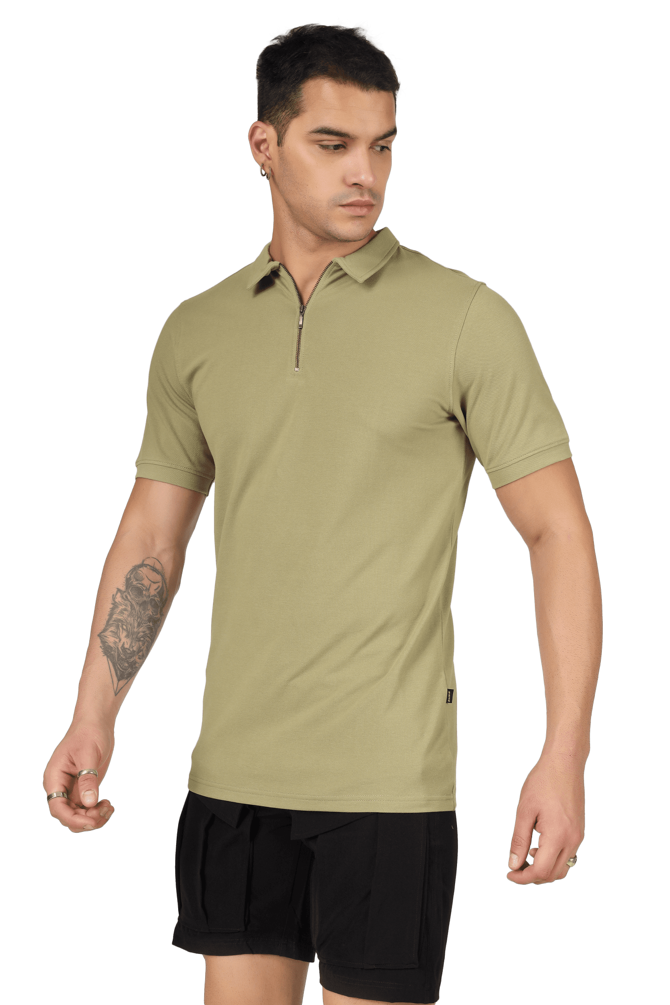 Man wearing ZIPPER POLO NECK ZIPPER T-SHIRT GRAVEL GREEN with short sleeves and dual-zipper design, enhancing style and versatility.