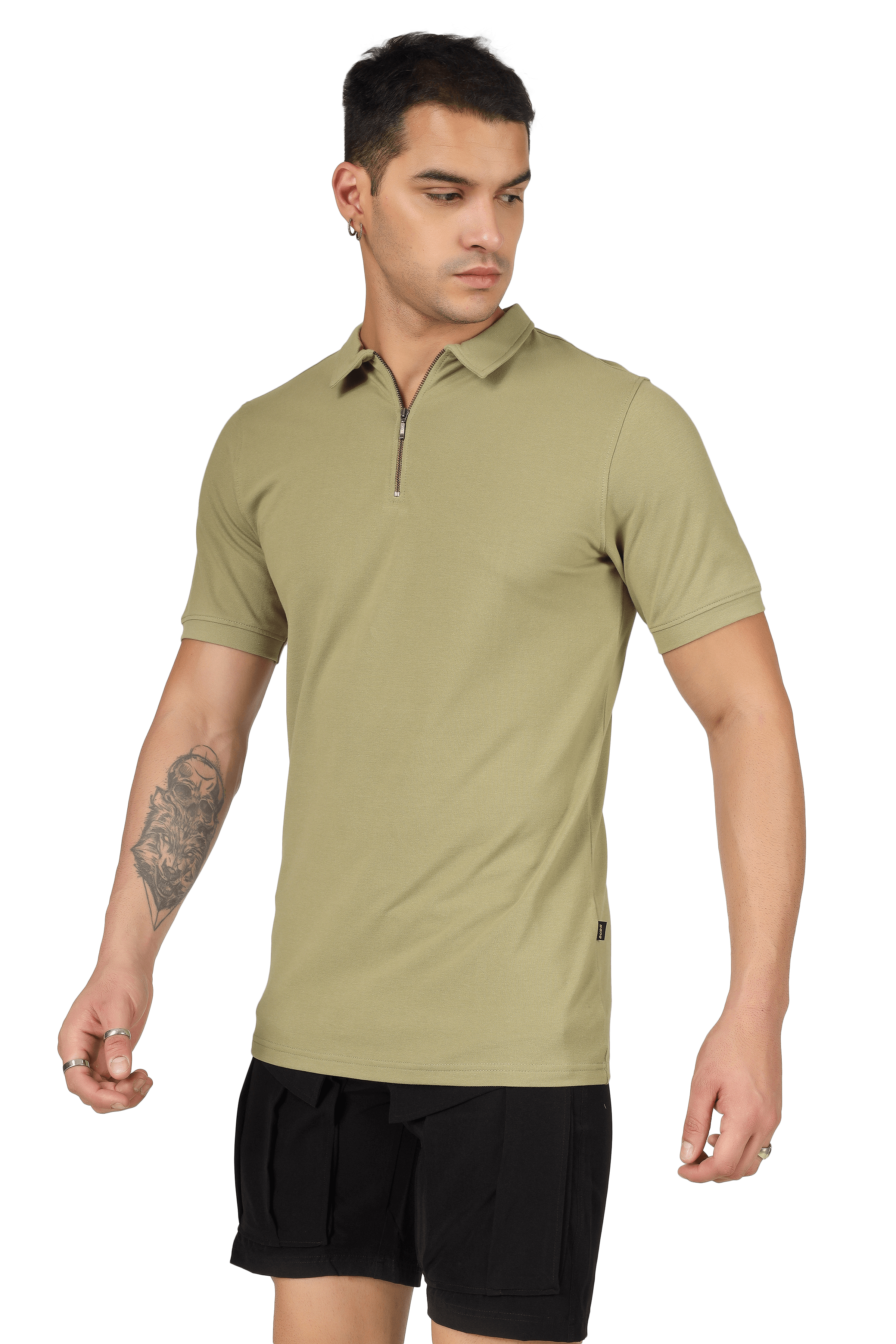 Gravel green zipper polo neck T-shirt made from Sporty Pique cotton Lycra, featuring superior stretch and wrinkle resistance.