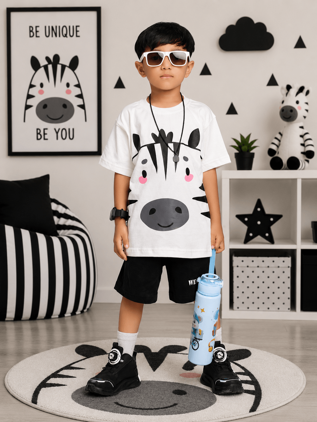 ZIPPY ZEBRA COOL SHORTS FOR BOYS GIRLS BLACK worn by a stylish boy in a playful indoor setting.