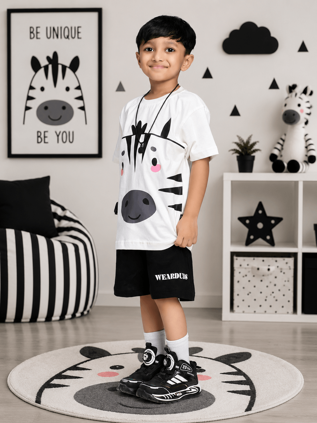ZIPPY ZEBRA GRAPHIC CO-ORD SET FOR BOYS GIRLS WHITE BLACK worn by a young boy in a playful indoor setting.